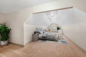 Spacious attic room featuring sloped ceilings, plush carpeting, and a built-in arched window