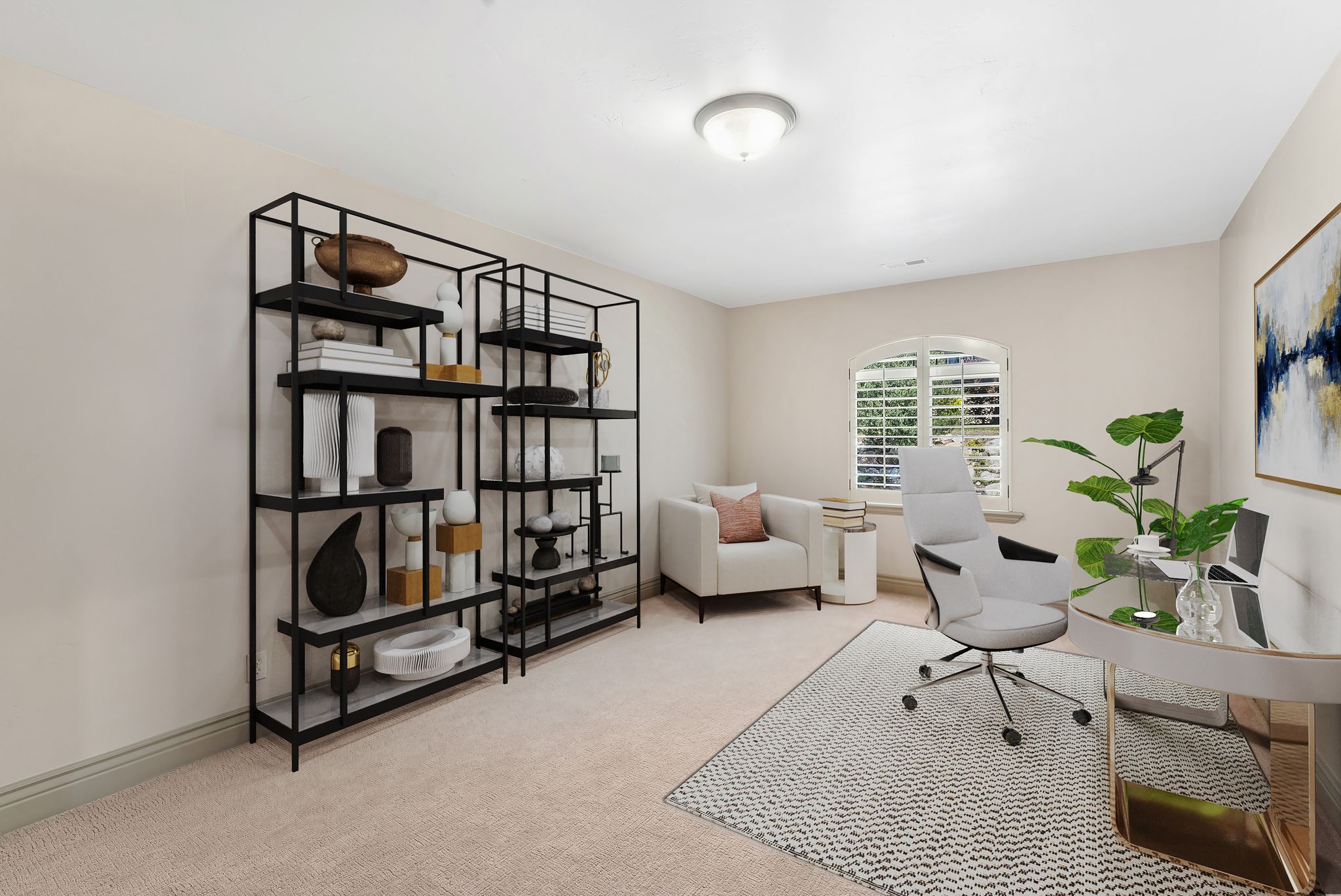 Bright room featuring a curved top window with plantation shutters, neutral wall tones, and plush carpet flooring