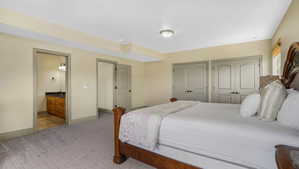 Carpeted bedroom featuring two paneled closet doors, recessed ceiling detail, and a window with blinds