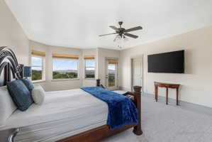 Spacious room featuring multiple windows, a ceiling fan, and wall-to-wall carpeting