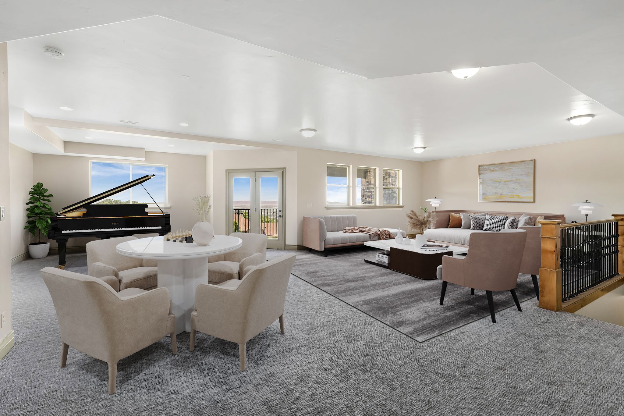 Spacious multi-zone room featuring recessed lighting, a built-in wooden baluster with metal spindles, multiple windows, and exterior French doors
