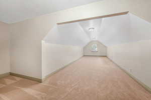Expansive room featuring sloped ceilings, neutral-toned carpeting, and a central arch-top window