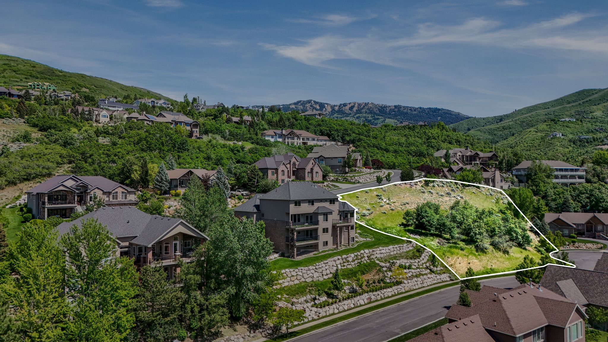 Expansive hillside lot with natural terrain, mature trees, and mountainous surroundings