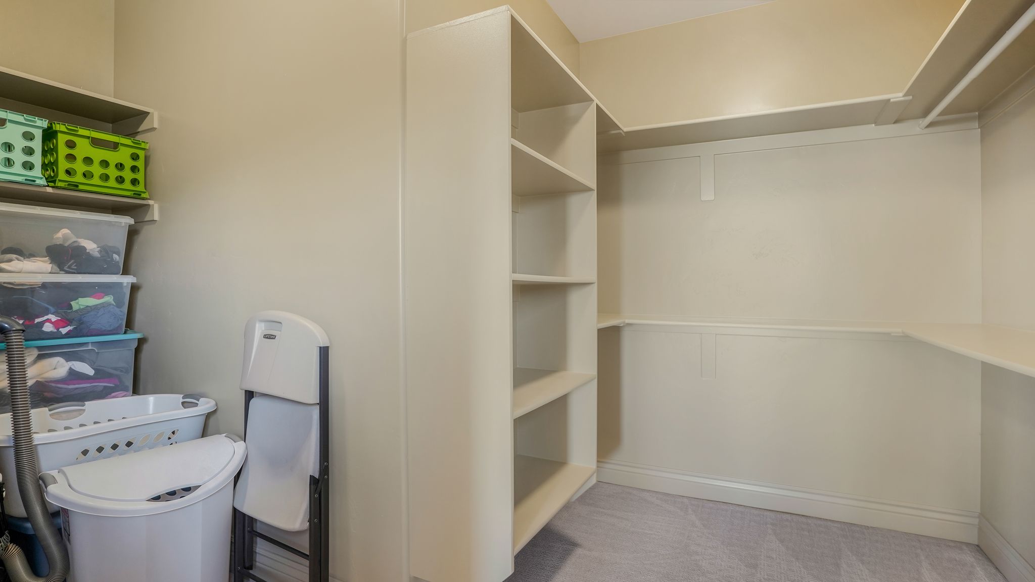 Spacious walk-in closet featuring built-in shelving, hanging rods, and light-colored carpeting