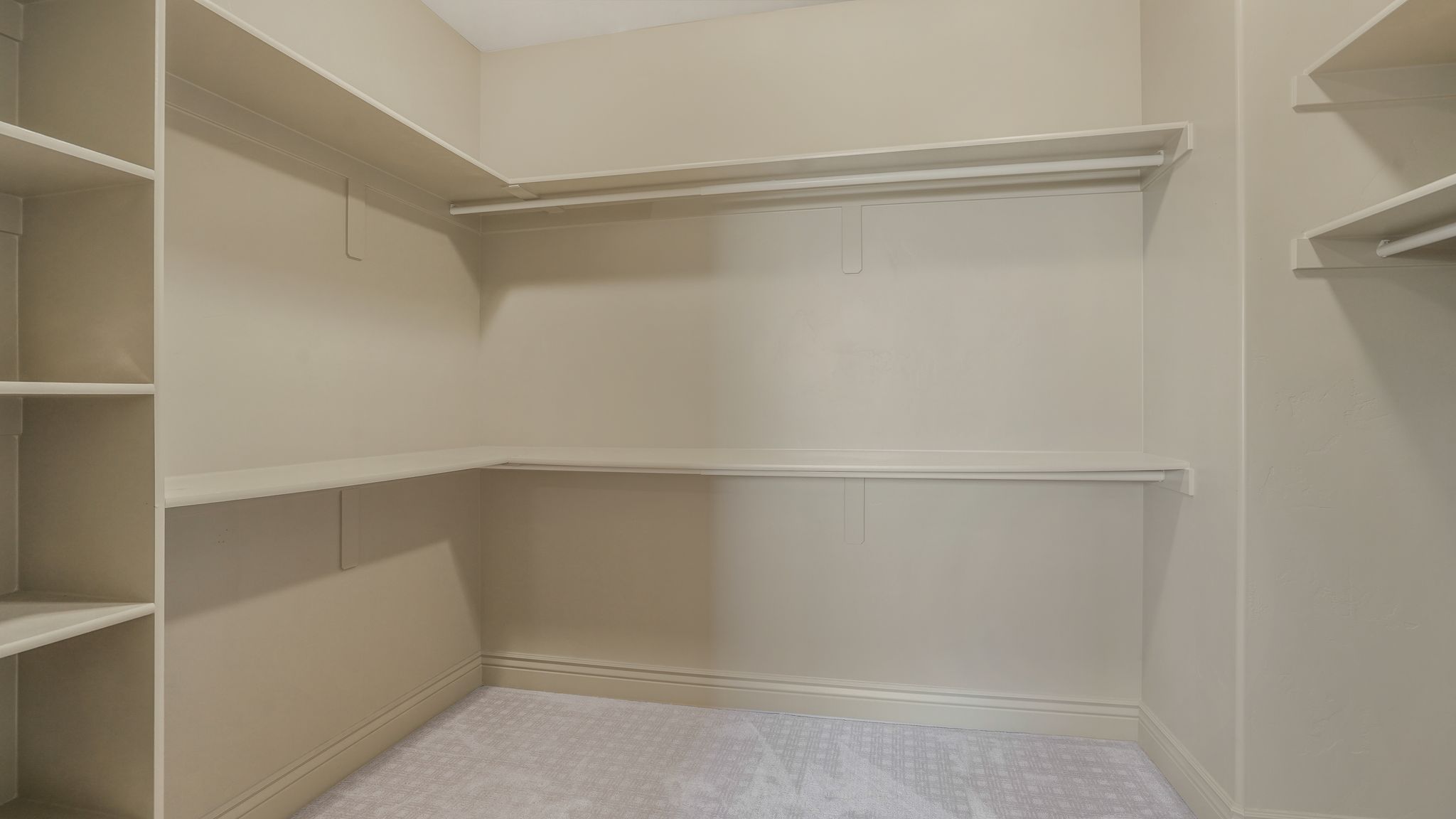 Walk-in closet featuring extensive built-in shelving, multiple hanging rods, and light-toned carpeting