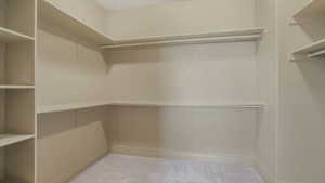 Walk-in closet featuring extensive built-in shelving, multiple hanging rods, and light-toned carpeting
