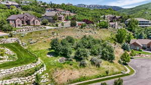 Elevated residential lot featuring terraced landscaping with stone retaining walls and mature trees