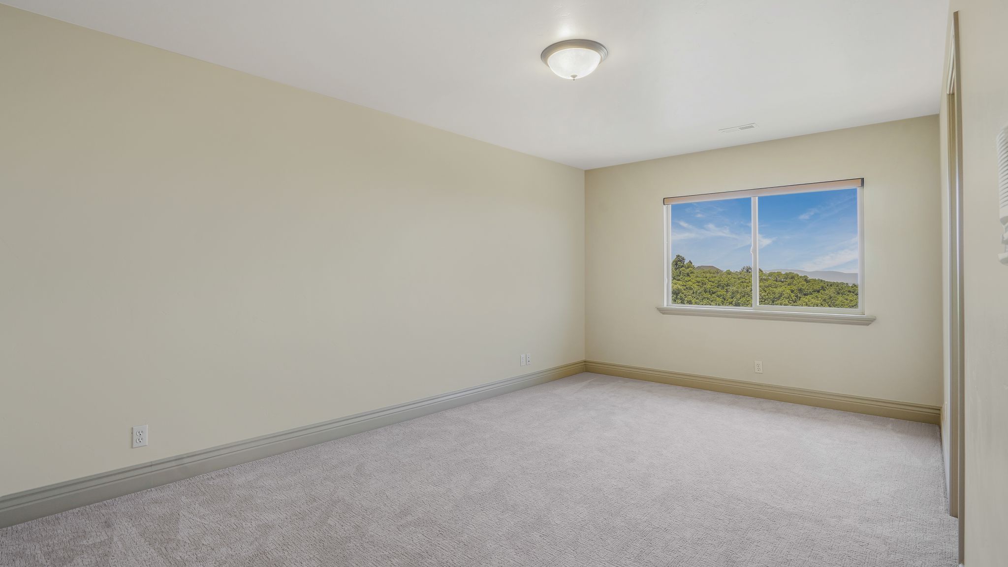 Spacious room featuring light-toned walls, gray carpet, and a window offering a scenic landscape