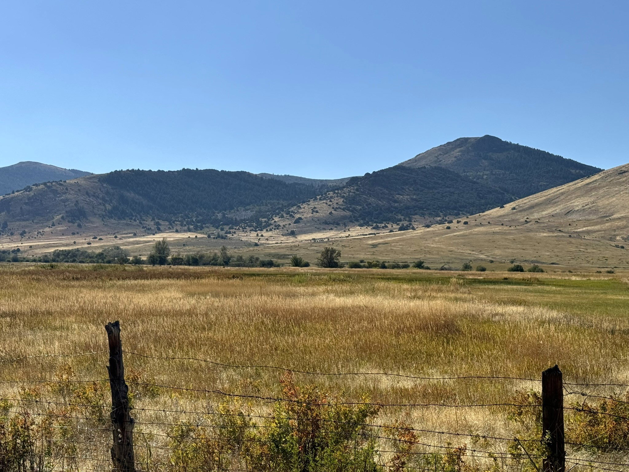 Expansive natural landscape featuring rolling hills, distant mountains, and varied natural vegetation under a clear sky