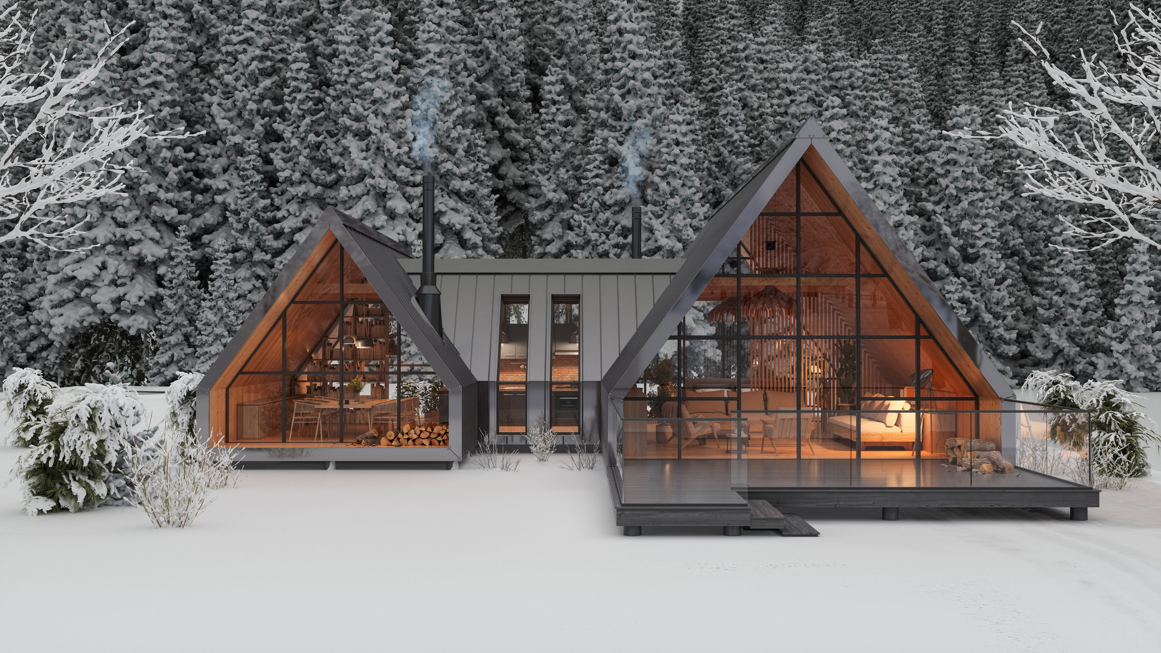 Modern A-frame architecture with a prominent glass facade