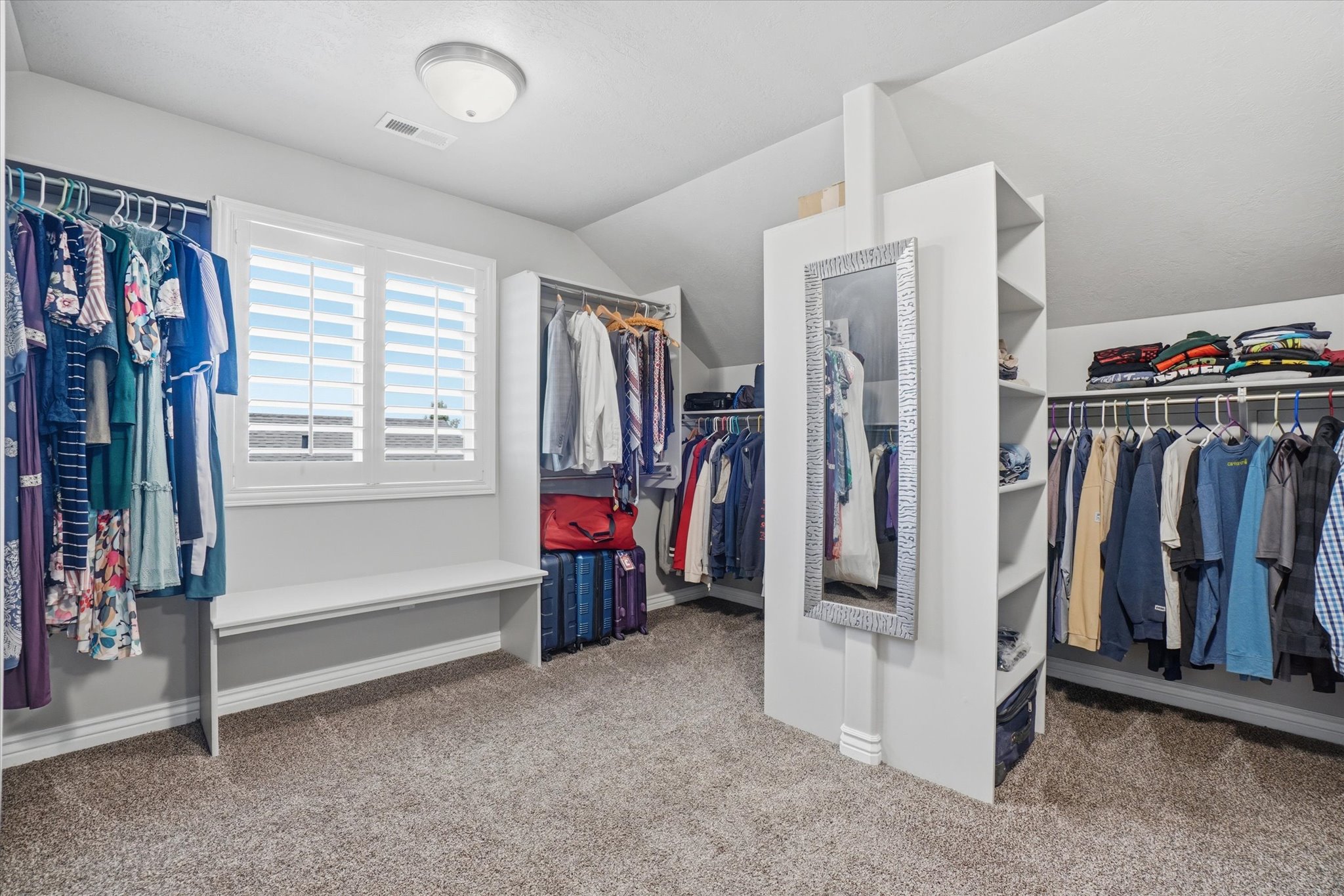 Spacious walk-in closet featuring extensive built-in shelving, hanging rods, and plush carpeting