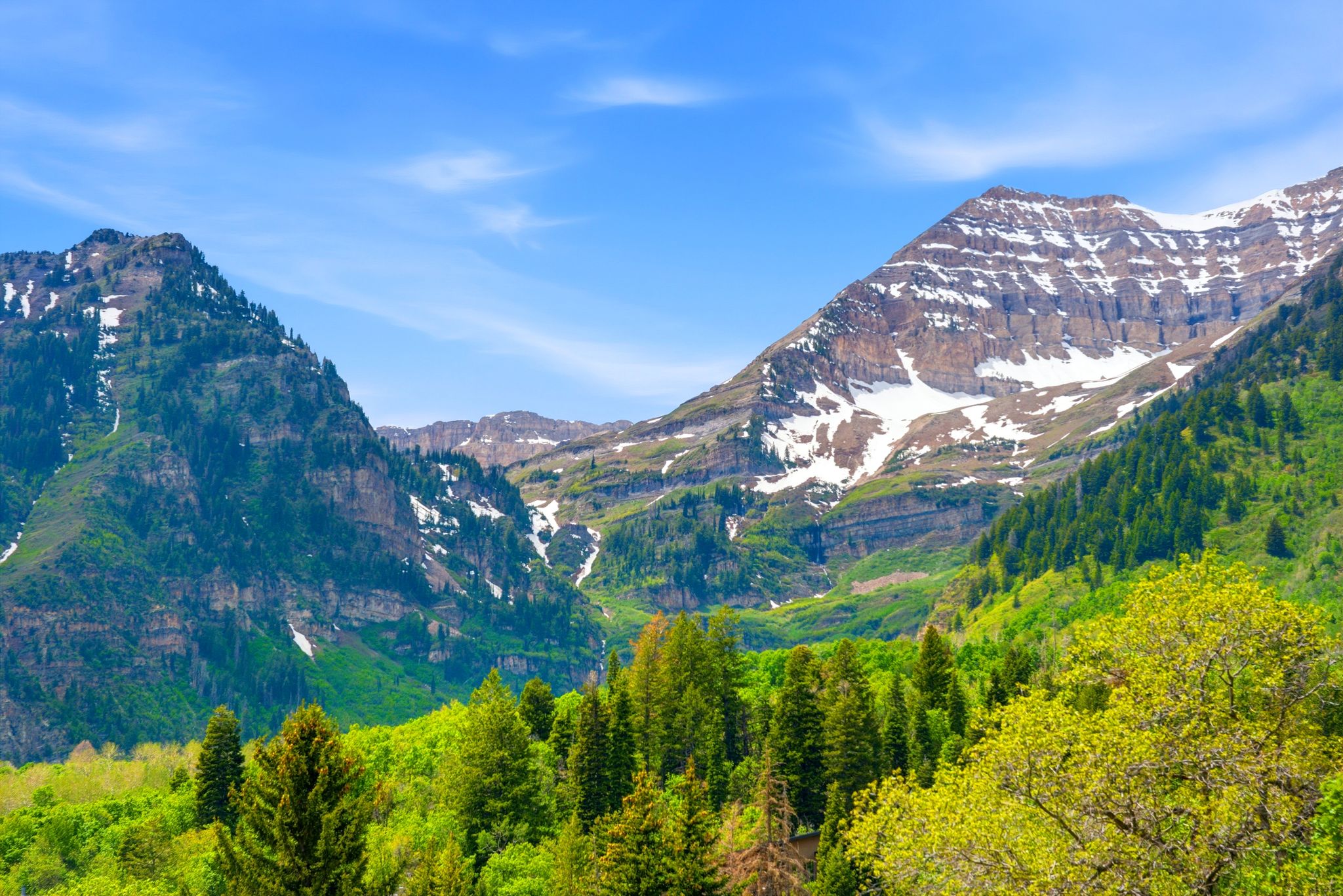 Mountain landscape featuring snow-capped peaks, verdant slopes, and a clear blue sky