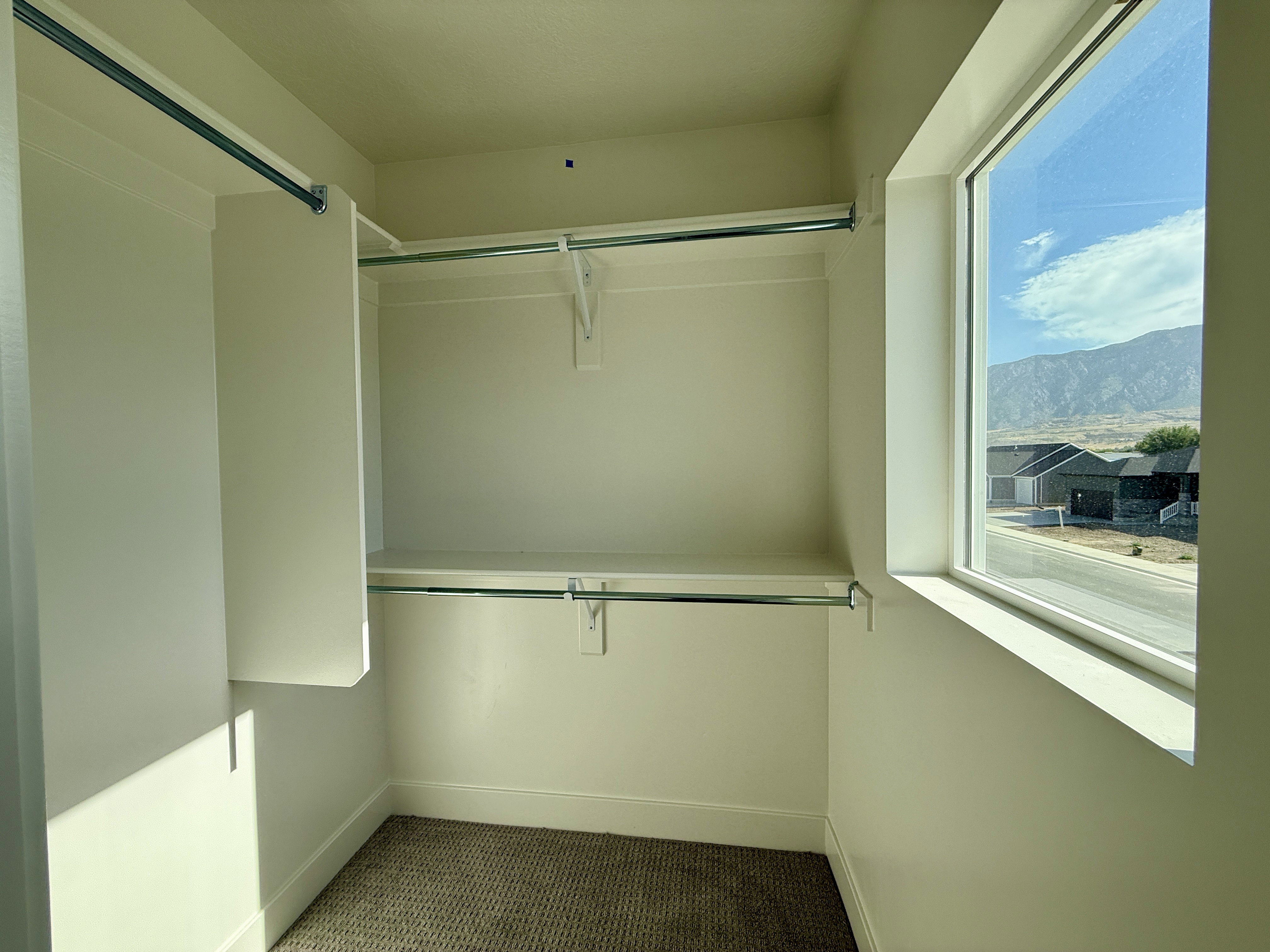 Walk-in closet featuring carpet flooring, built-in shelving, two clothing rods, and a window providing natural illumination and mountain scenery