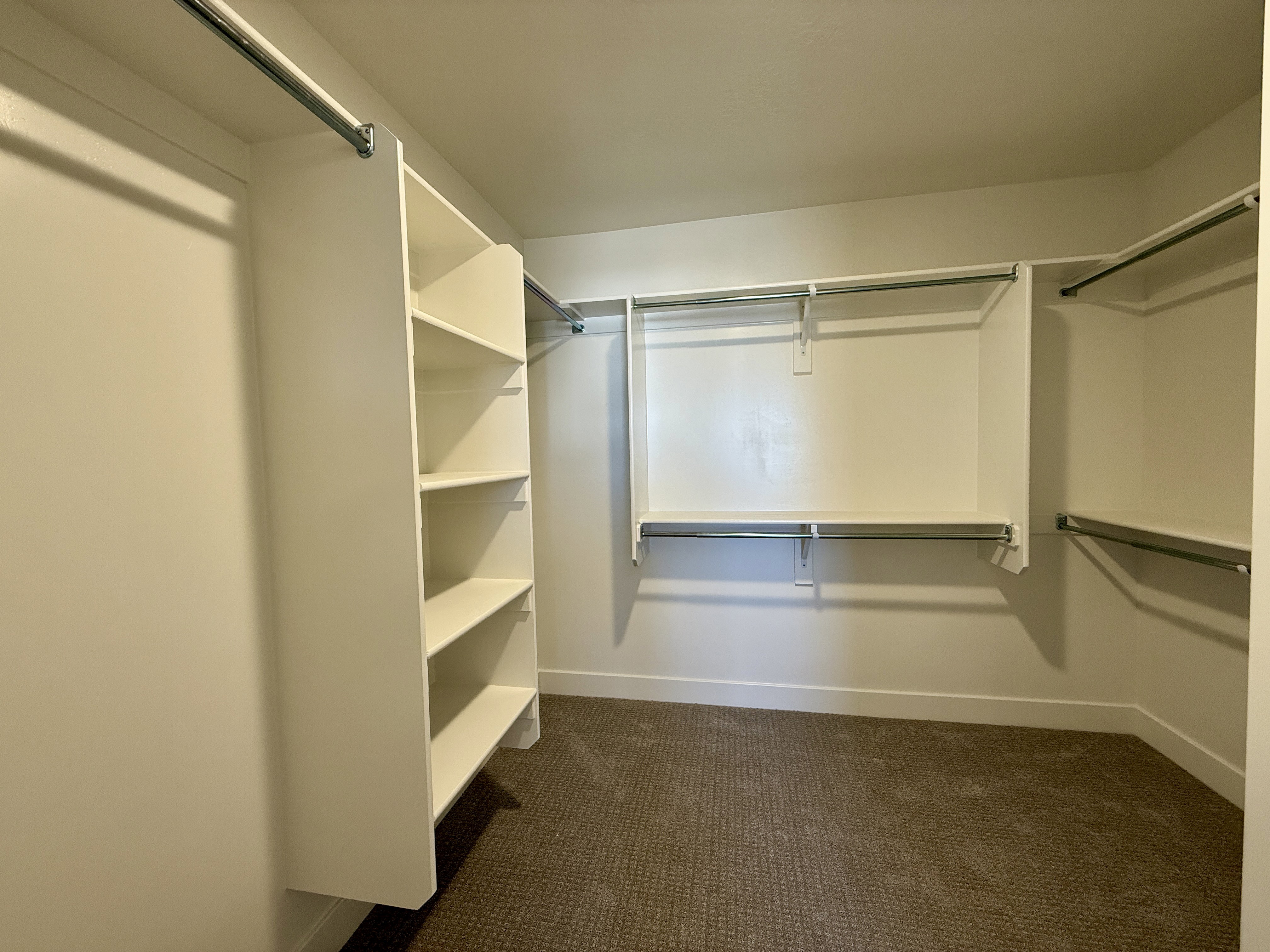 Walk-in closet featuring built-in shelving, multiple hanging rods, and neutral-toned carpeting