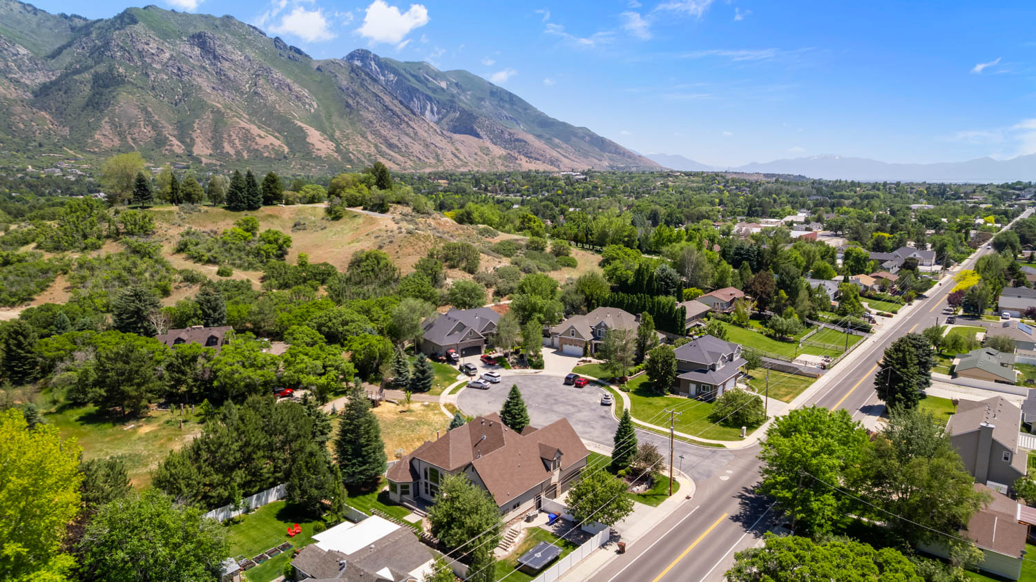 Aerial perspective showcasing a residential neighborhood with varied architectural styles