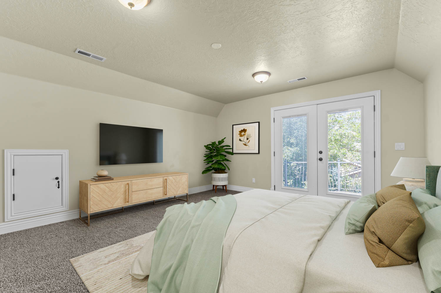 Bedroom space featuring a pair of double doors with exterior access, textured carpeting, and a built-in wall access panel