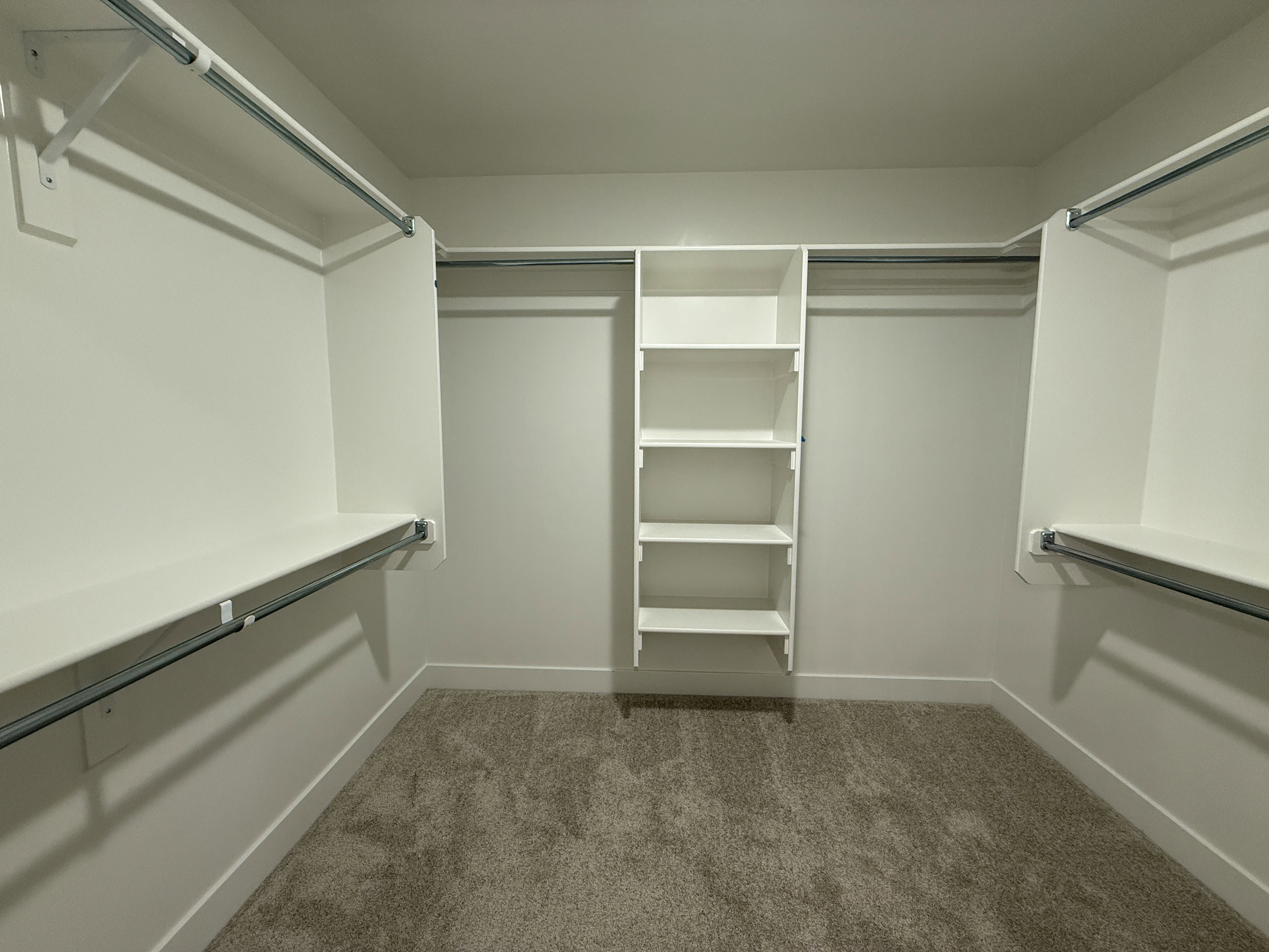 Walk-in closet featuring built-in shelving, dual hanging rods, and neutral-toned carpeting