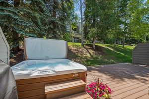 Outdoor hot tub with wood-finish siding, situated on a composite decking platform
