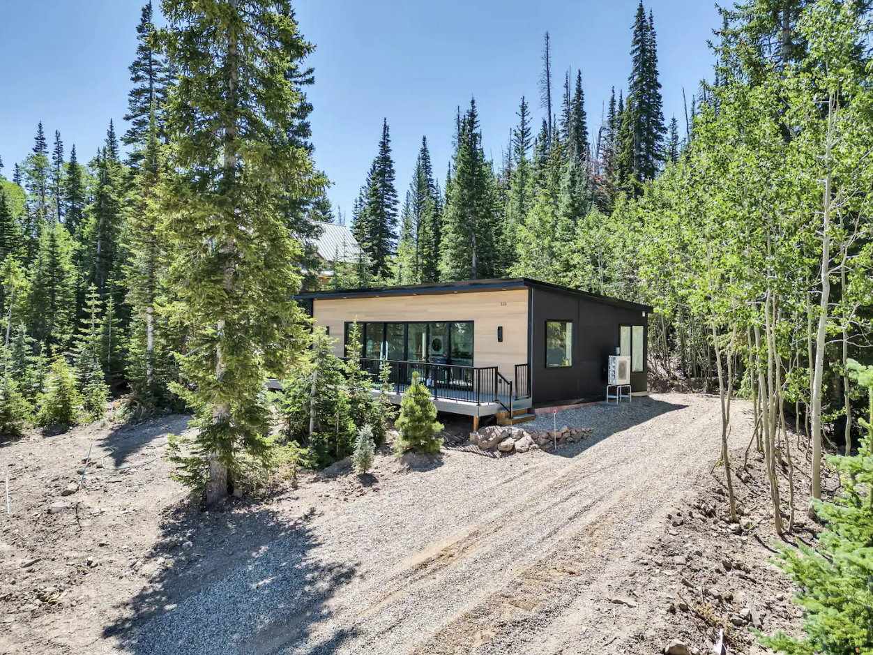 Contemporary single-story residence featuring a flat roofline and contrasting black and light wood-finish siding