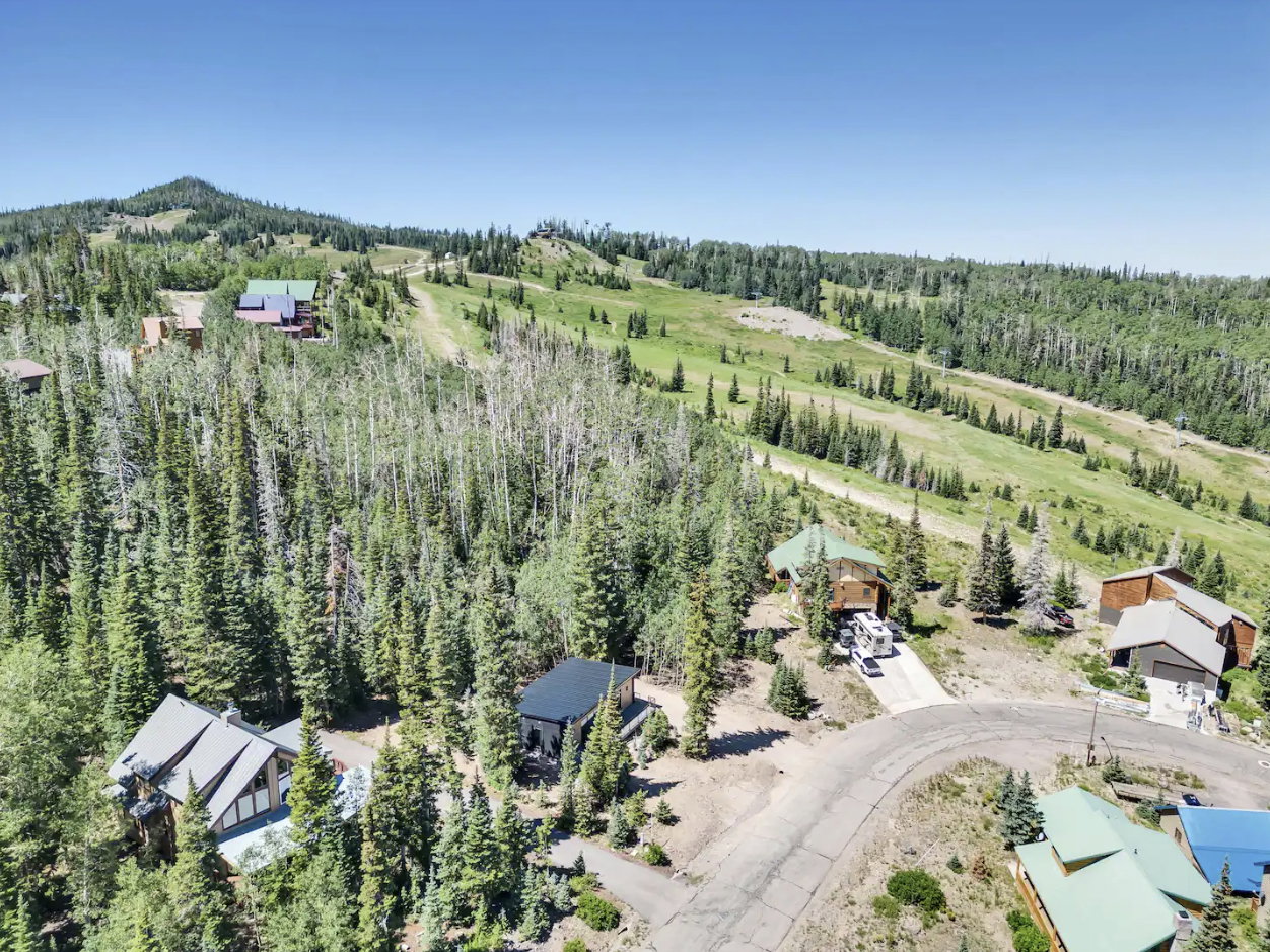 Mountain landscape with multiple residences nestled among dense evergreen and deciduous trees