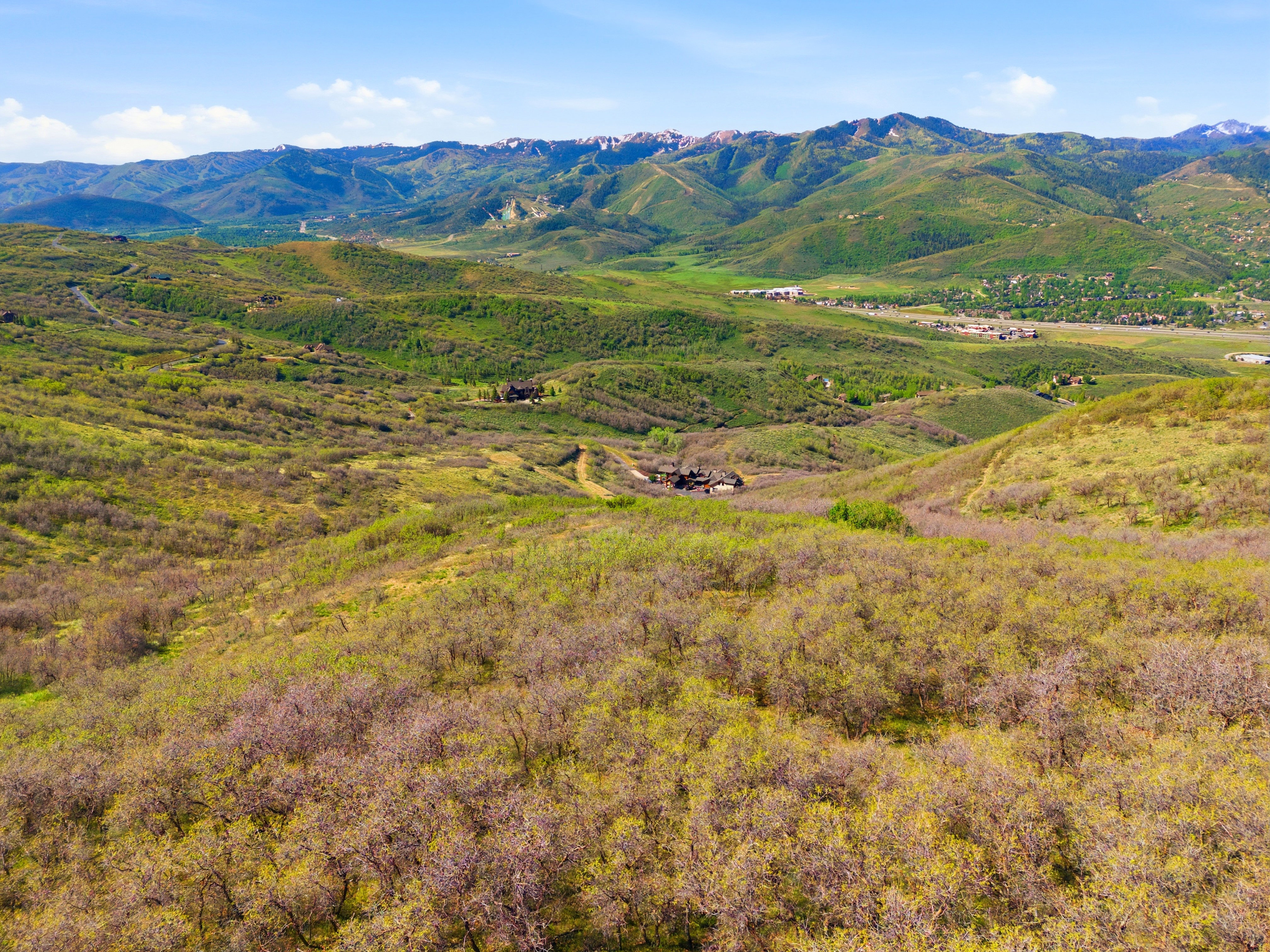 Expansive mountain landscape with diverse foliage and distant structures