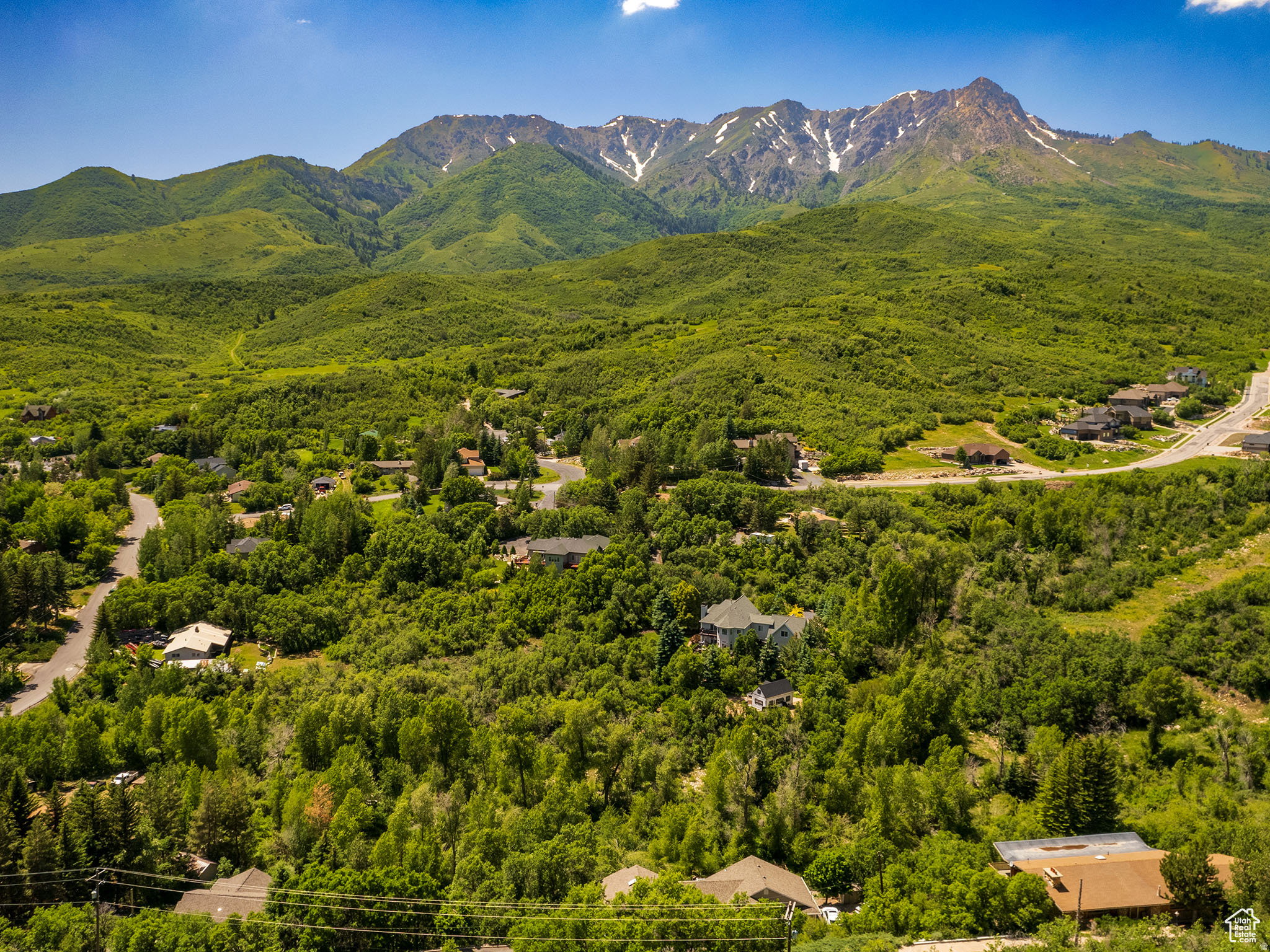 Expansive mountain landscape featuring verdant hillsides and distant peaks with scattered snow