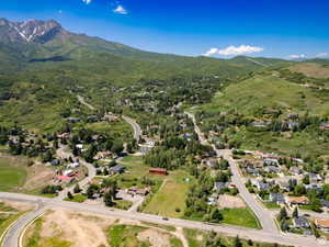 Expansive aerial showcasing a mountainous terrain with a snow-capped peak, abundant green foliage, and residential developments