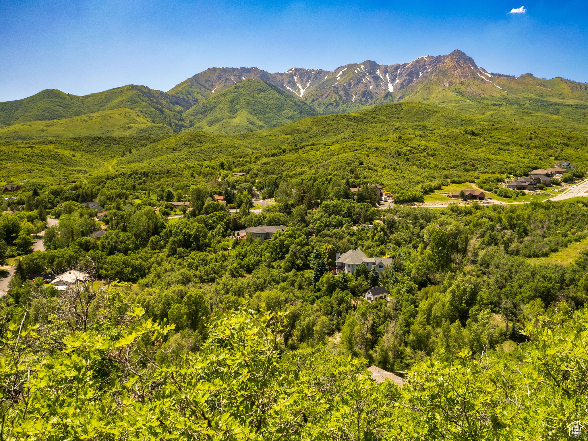 Expansive mountain landscape featuring abundant mature foliage, scattered residential properties, and a clear blue sky