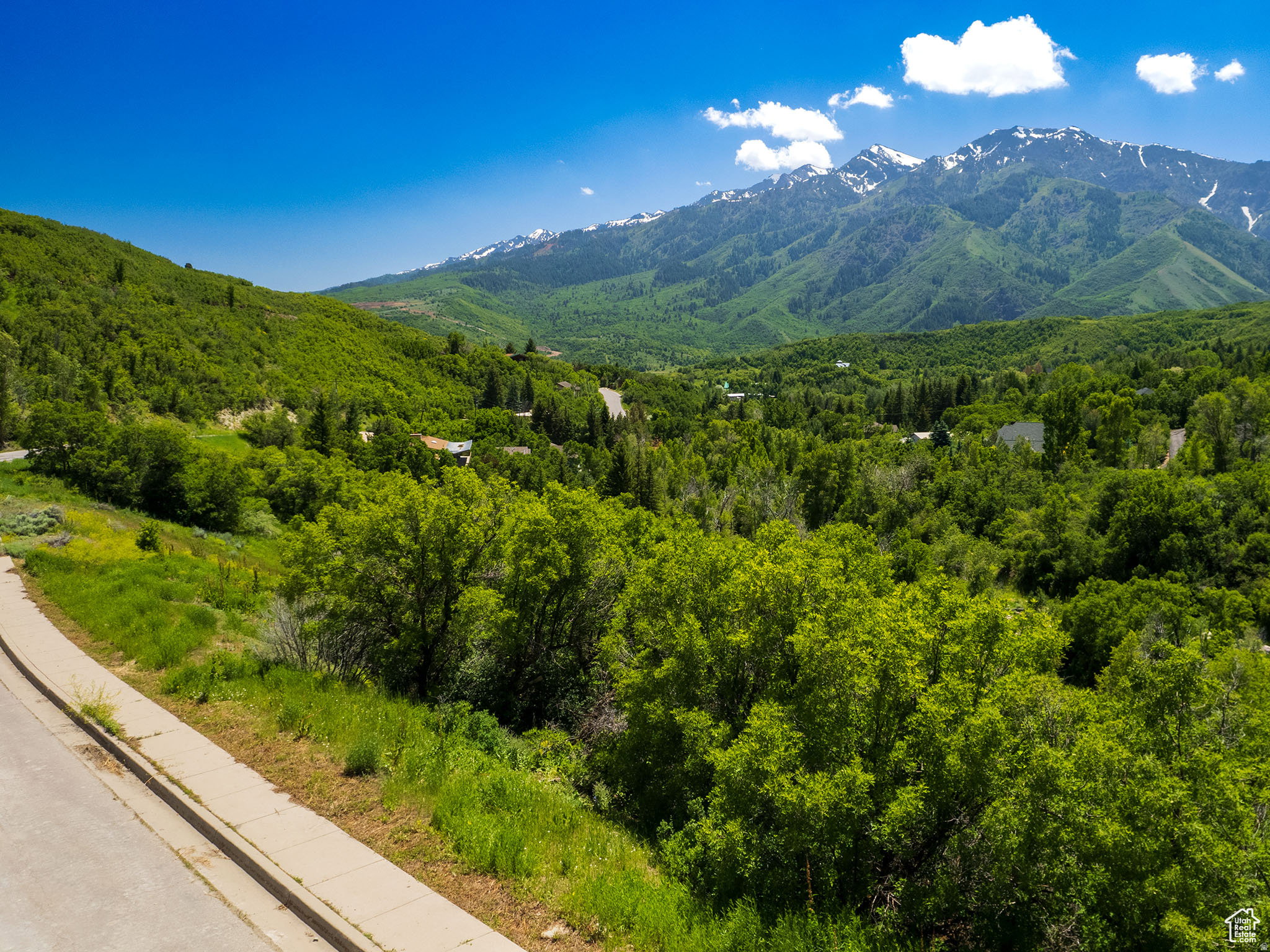 Expansive mountainous terrain featuring snow-capped peaks and lush green valleys