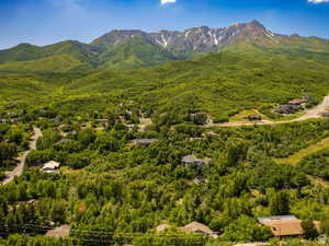 Expansive mountain landscape featuring verdant hillsides and distant peaks with scattered snow