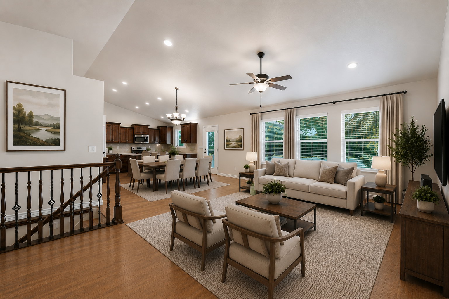 Digitally staged main floor great room