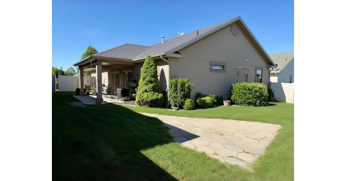 Expansive backyard featuring a covered patio, flagstone pathway, mature landscaping, and stucco exterior