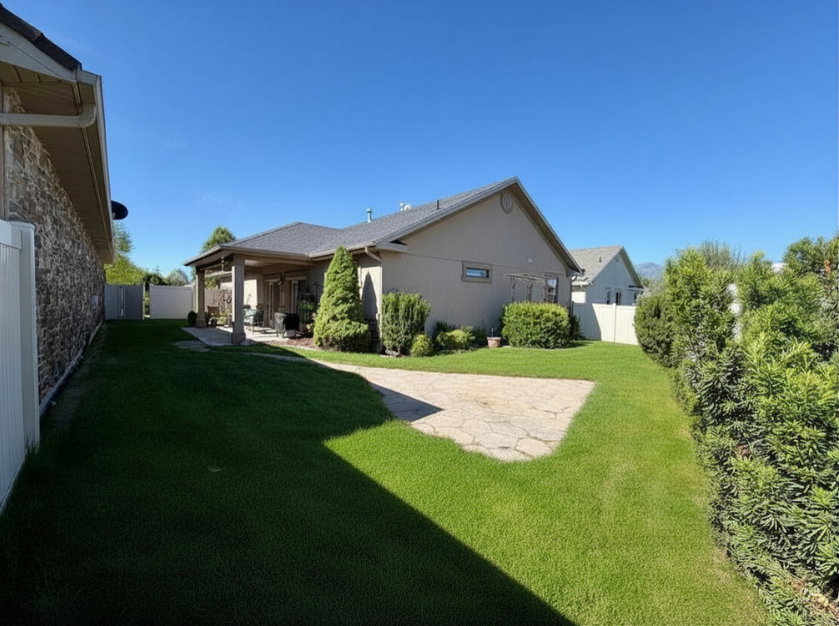 Spacious side yard featuring a covered patio, paved hardscaping, and established landscaping to enjoy outdoor living