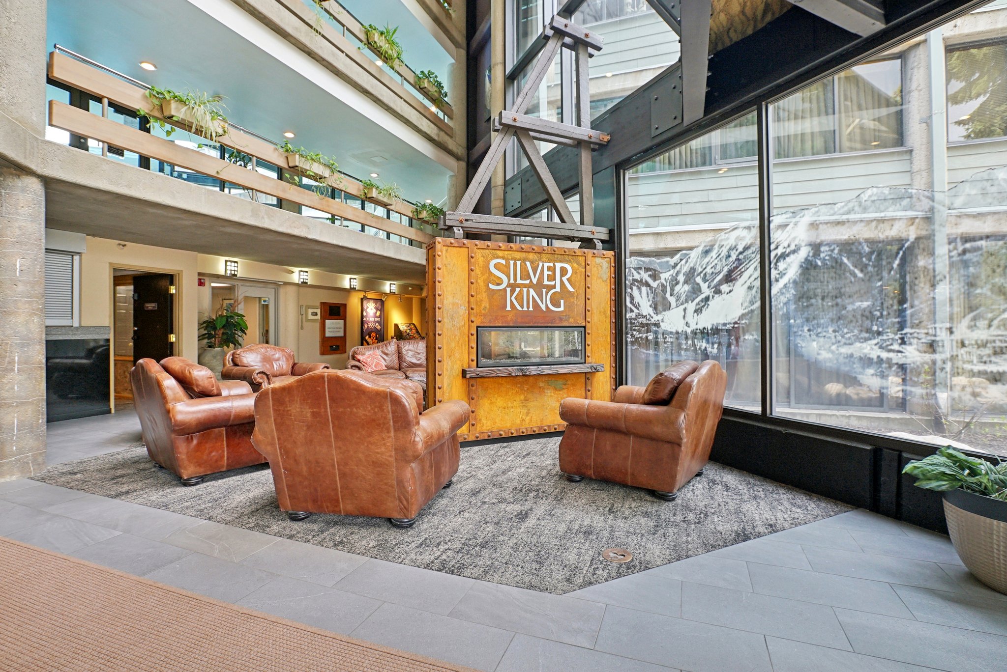 Lounge area featuring a distinctive "Silver King" fireplace unit, a large area rug, and expansive windows