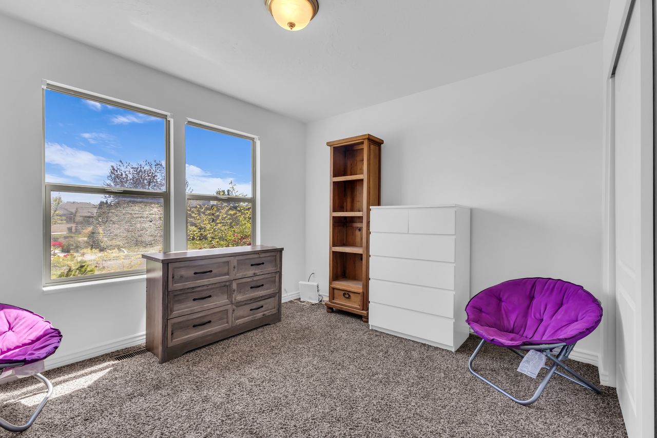 Carpeted room featuring dual windows with exterior scenery, a ceiling light fixture, and a built-in closet with white sliding doors