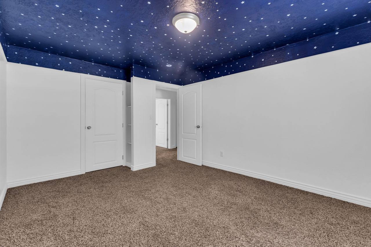 Carpeted interior room featuring a star-patterned blue ceiling, white walls, and white trim