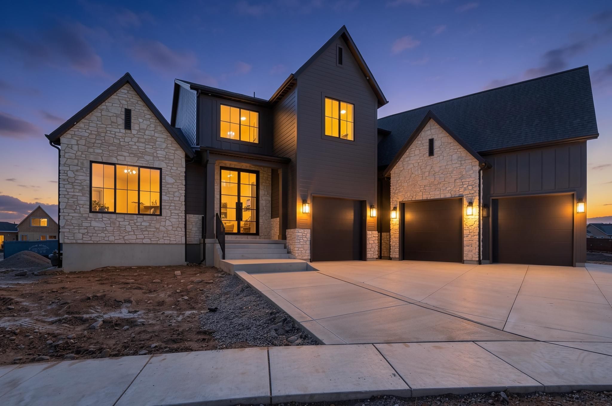Modern exterior with stone and vertical siding accents
