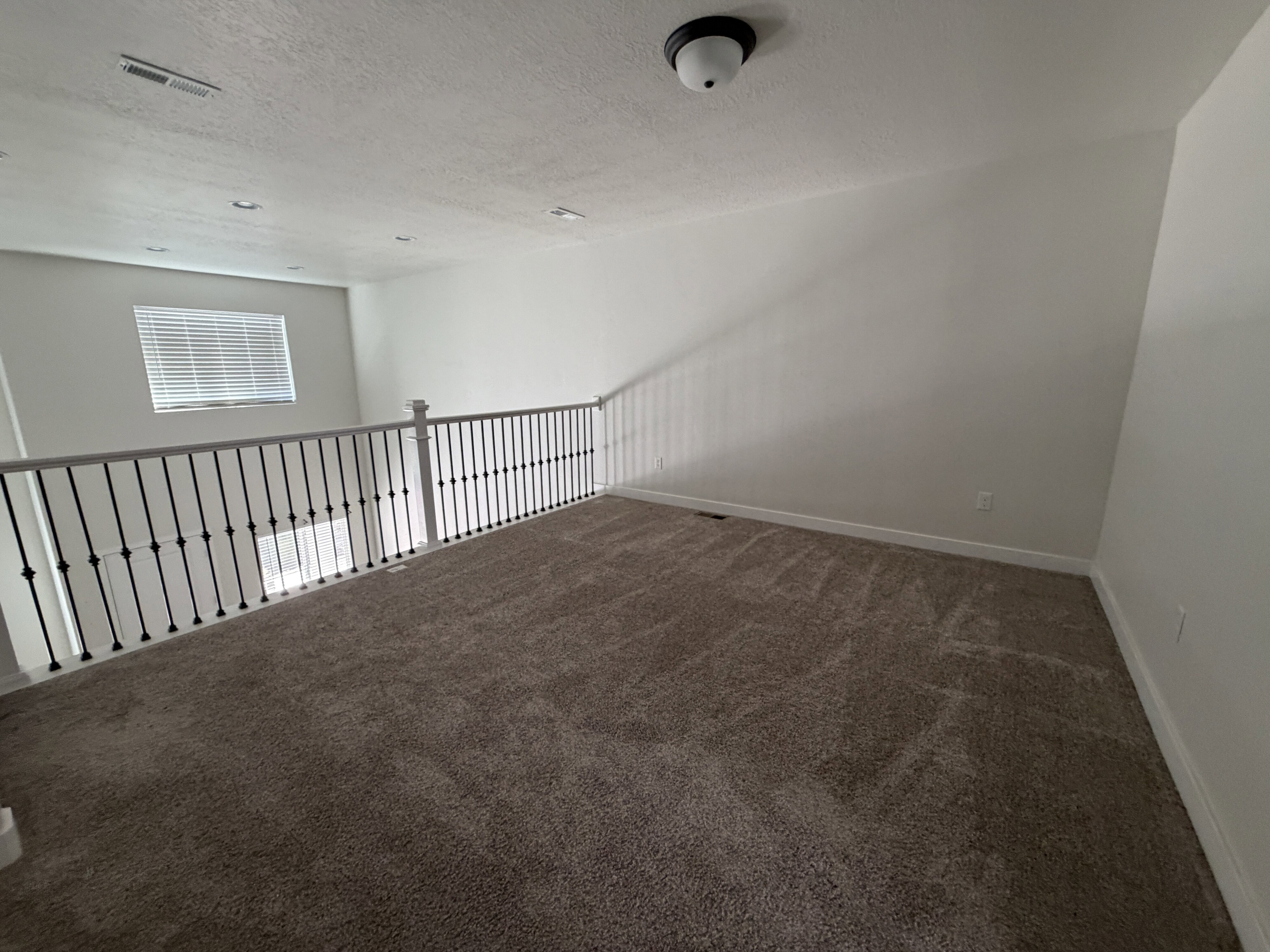 Carpeted loft space featuring a white spindle railing with a dark finish, a single window with horizontal blinds, and a flush-mount ceiling light