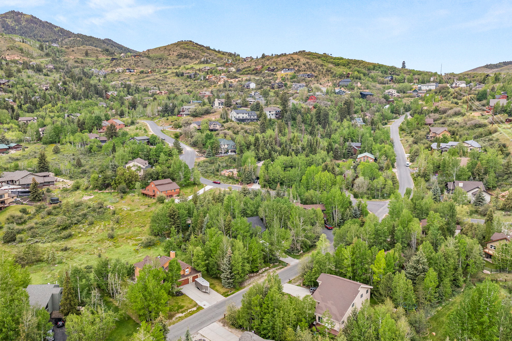 Mountainous terrain featuring dense tree coverage and residential properties