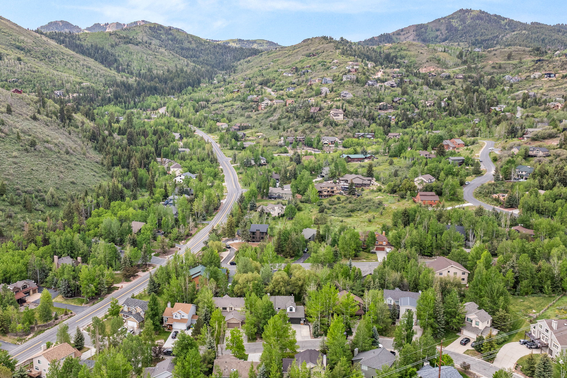 Mountainous terrain with extensive tree coverage and residential properties
