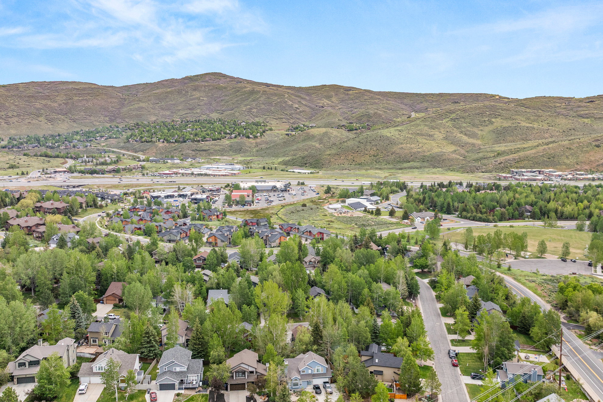 Aerial perspective showcasing a residential community nestled among mature trees, with distant mountains providing a natural backdrop