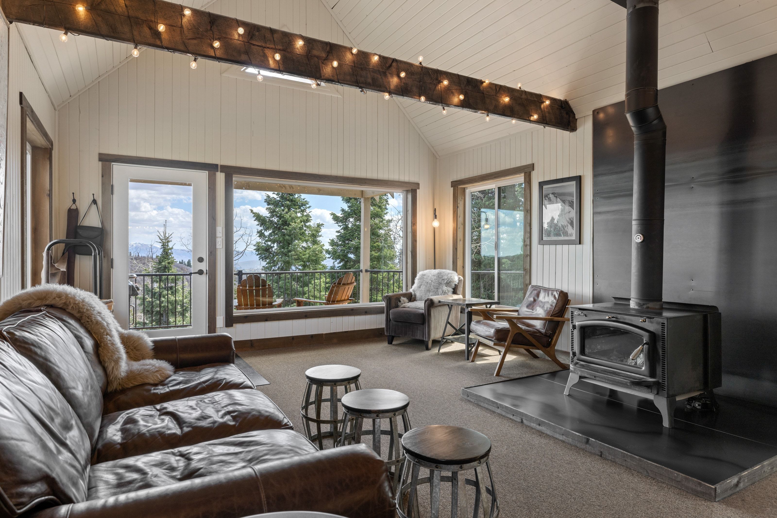 Living area with a wood stove, healthy amount of natural light, and carpet floors