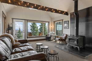 Living area with a wood stove, healthy amount of natural light, and carpet floors