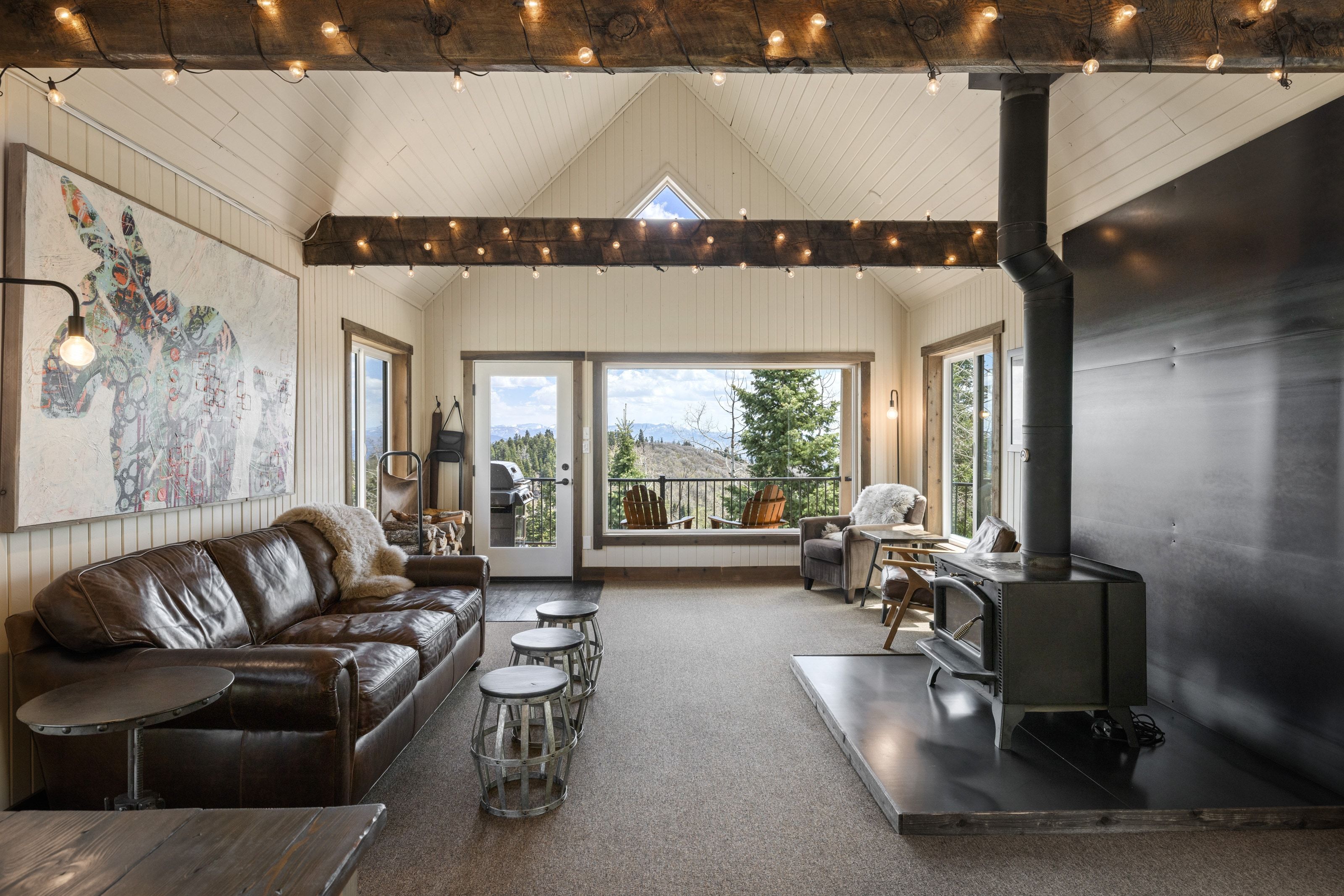 Carpeted living area with a wood stove
