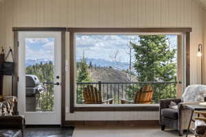 Doorway with a mountain view and wooden walls