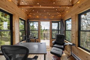 Home office with wood walls, wood-type flooring, vaulted ceiling with beams, plenty of natural light, and baseboard heating
