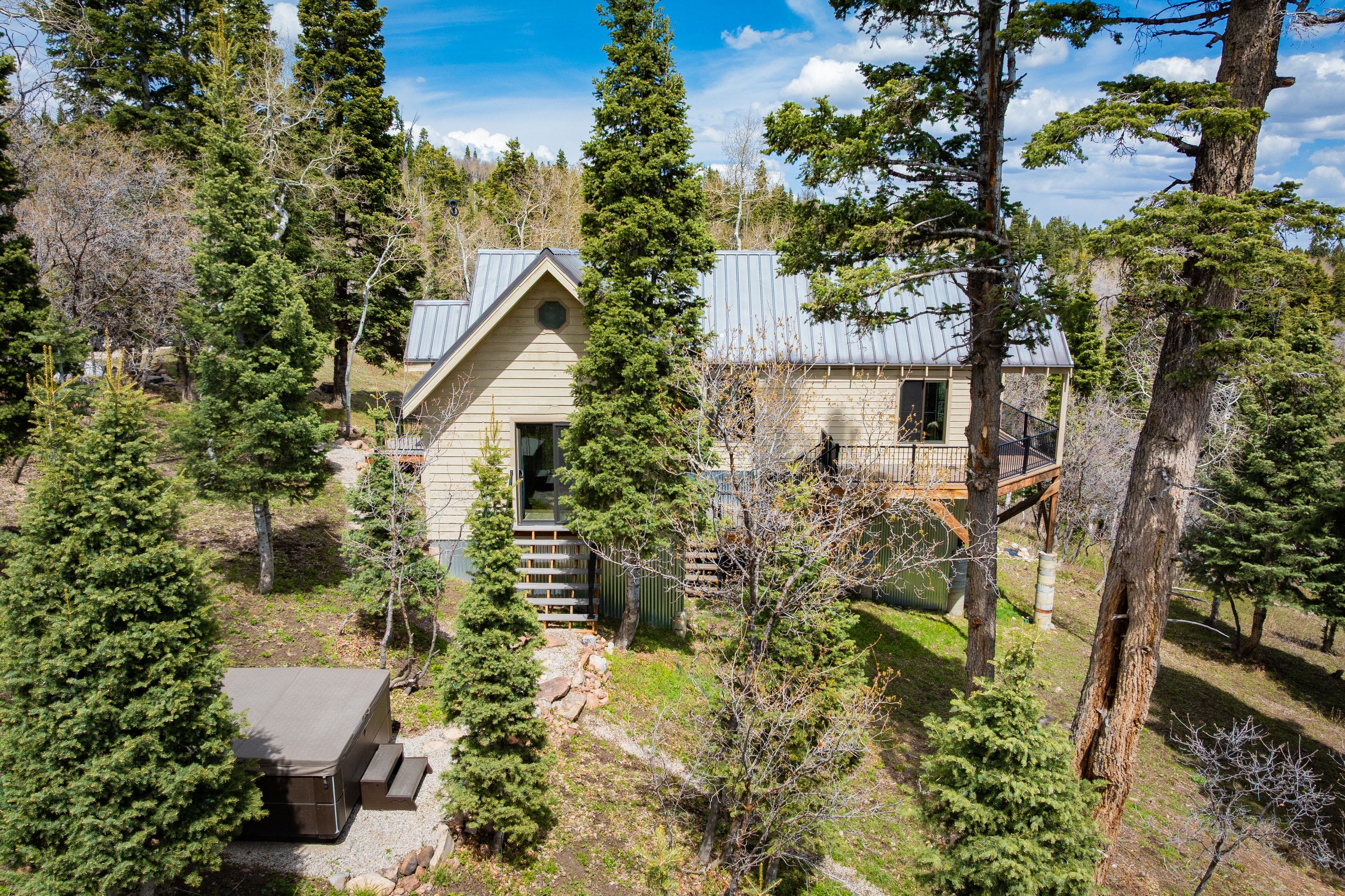 Rear view of house with a standing seam roof, view of scattered trees, and a balcony