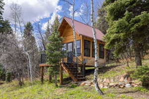View of front facade with a sunroom, a metal roof, and view of scattered trees