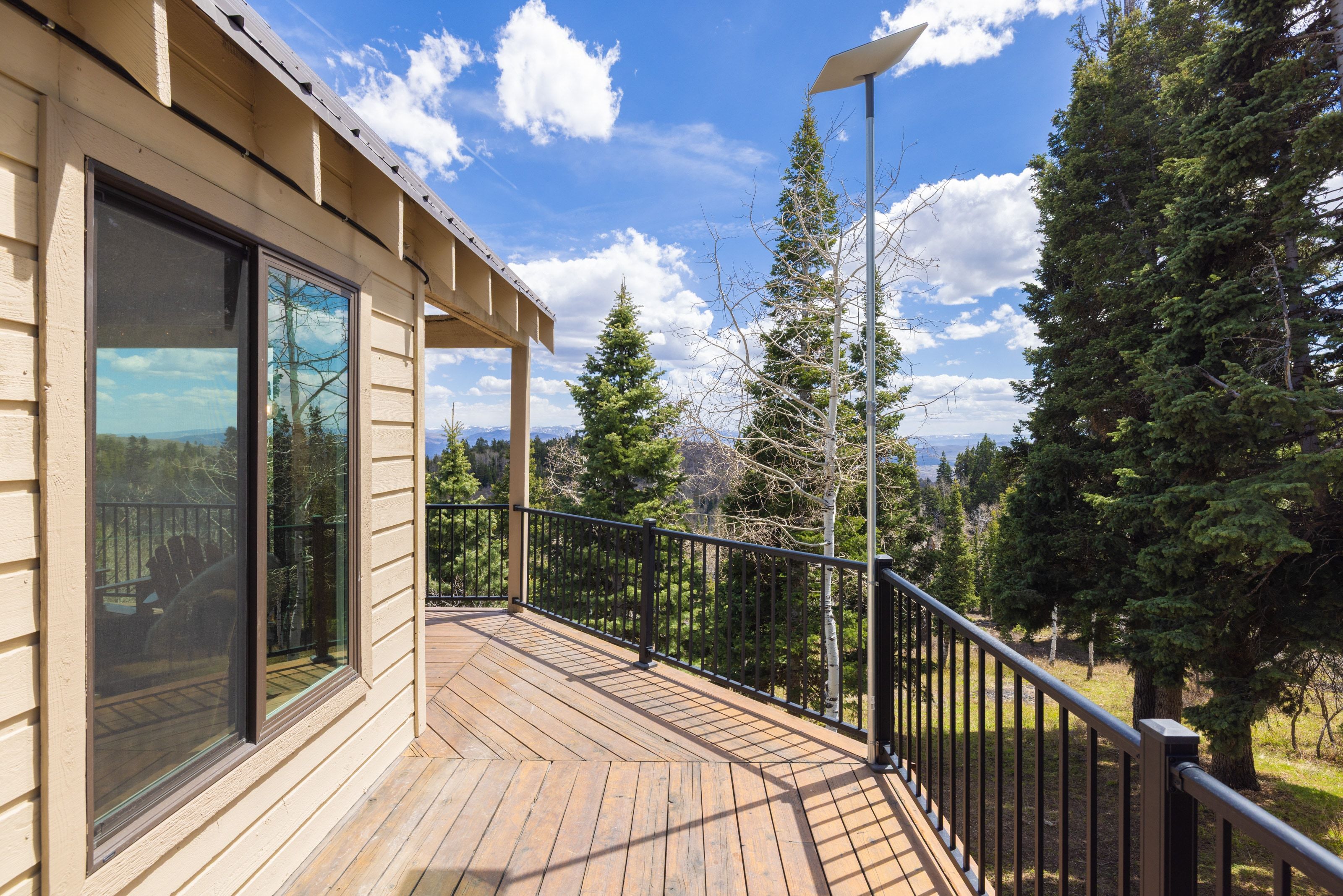 Wooden terrace with view of scattered trees