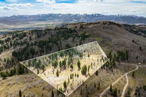 Aerial view of property and surrounding area with property boundaries highlighted and a mountainous background